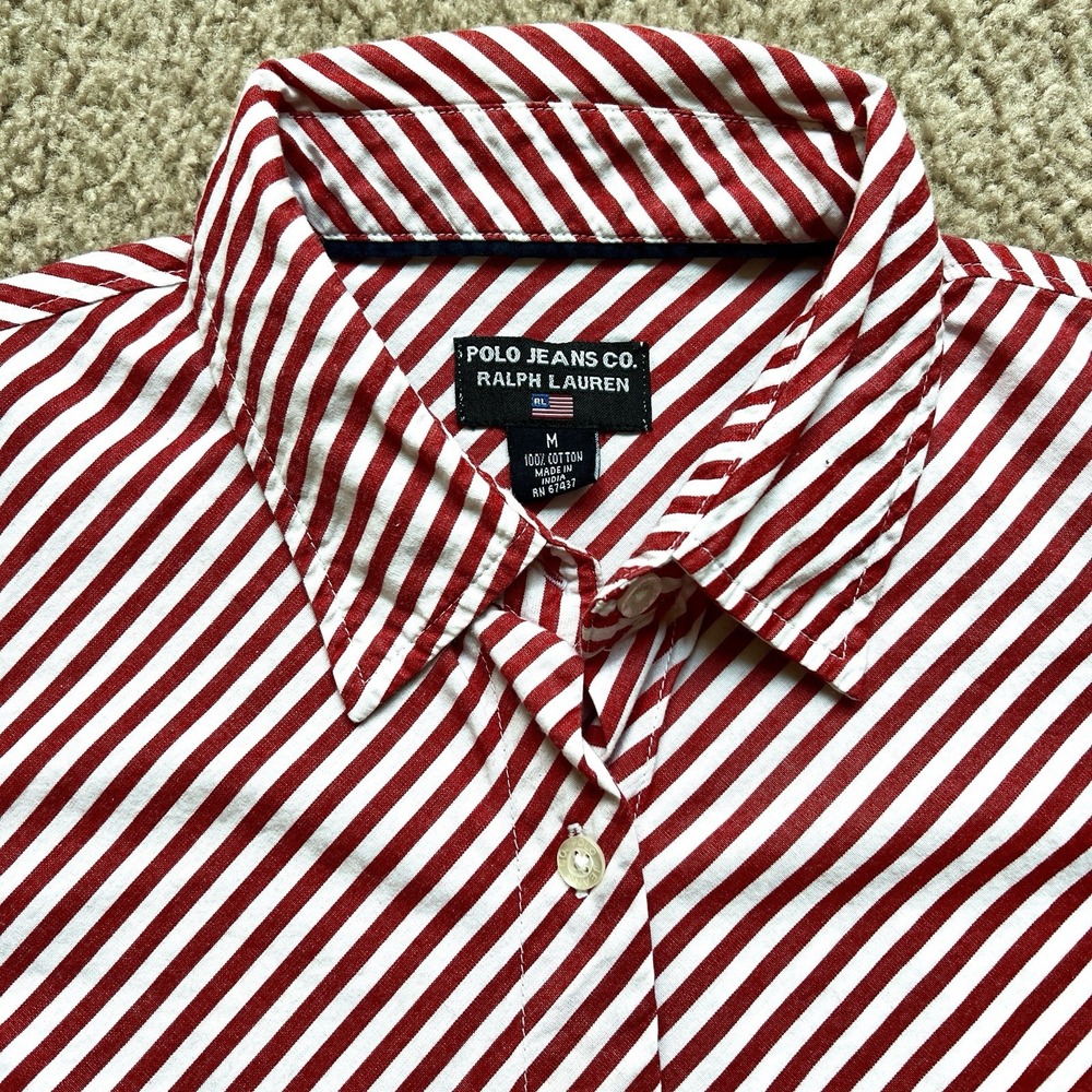 Vintage Polo Jeans Co. Ralph Lauren Women's M Red White Diagonal Stripe Shirt‎ - Picture 2 of 10